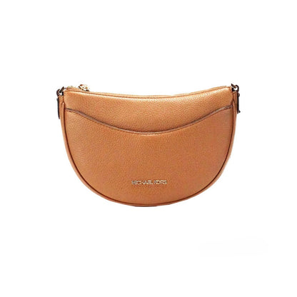 Small Crossbody Half Moon Handbag by Michael Kors for women in pebbled leather brown, gold & jacquard features a transformative sophistication silhouette, showcasing a secure zipper, ample cardholder, and versatile crossbody-strap & adjustable-strap for a transformative sophistication look.