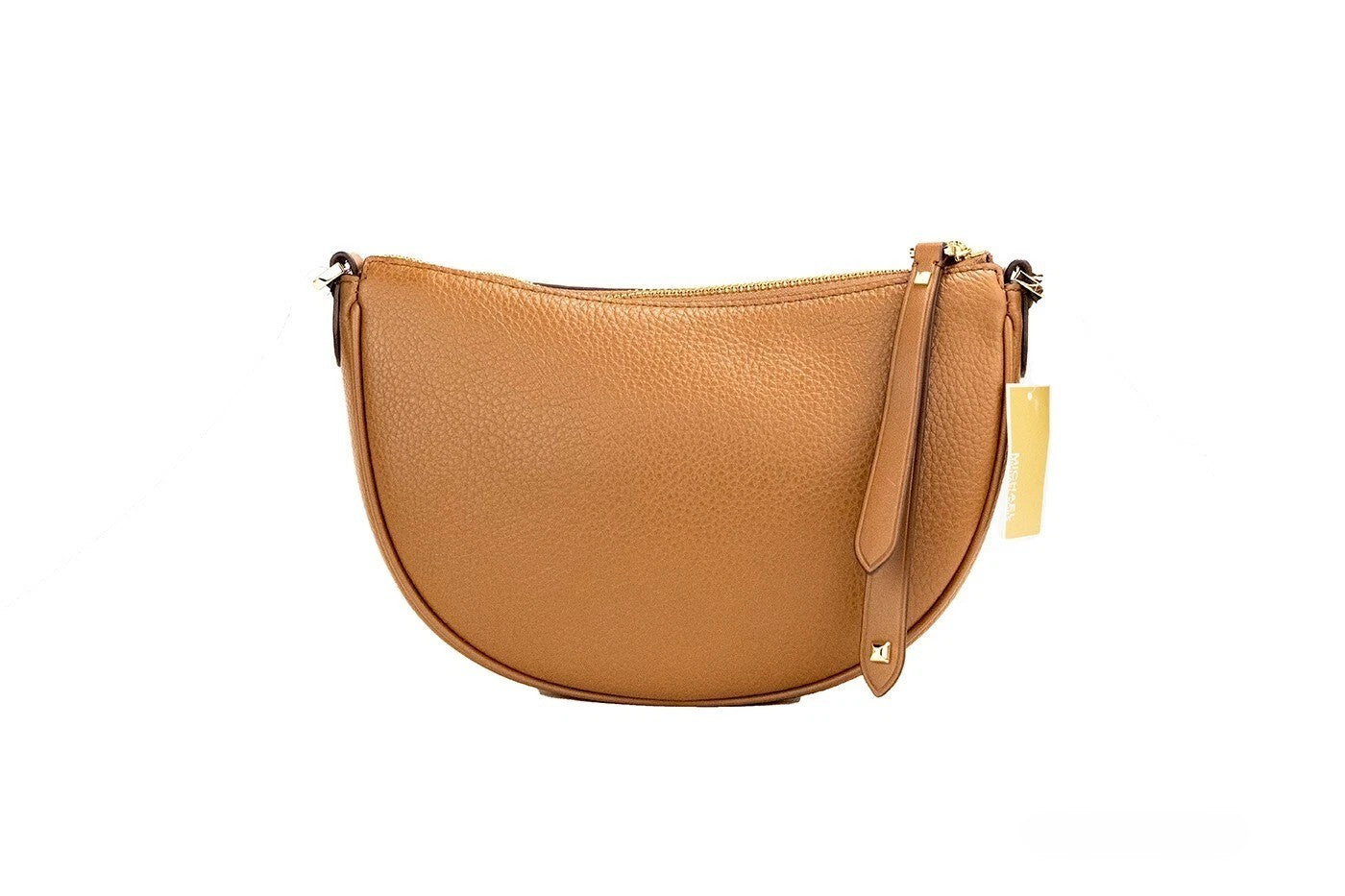 Small Crossbody Half Moon Handbag by Michael Kors for women in pebbled leather brown, gold & jacquard features a transformative elegance silhouette, showcasing a secure zipper, organized cardholder, and versatile crossbody-strap & adjustable-strap for a transformative elegance look.