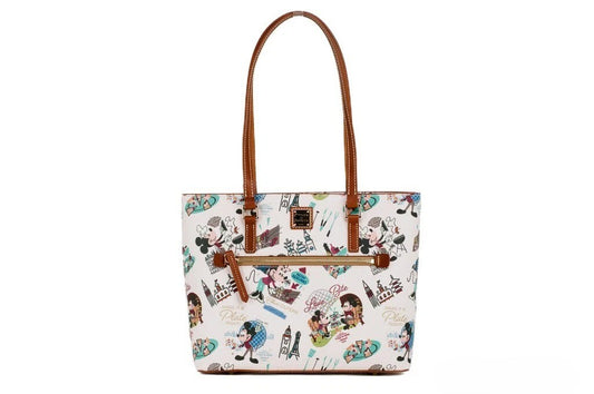 Travel Tote Bag by Dooney & Bourke for women in cotton polyester canvas gold & pink features a jet-set Epcot International Food Wine Festival Cotton Polyester Canvas Travel Tote Bag design, complete with a secure zipper, ample , and versatile handle for a jet-set look.