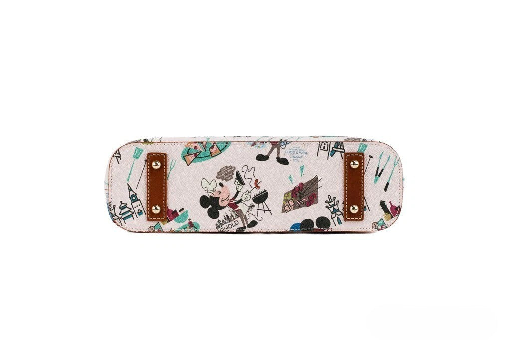 Travel Tote Bag by Dooney & Bourke for women in cotton polyester canvas gold & pink features an jet-setting Epcot International Food Wine Festival Cotton Polyester Canvas Travel Tote Bag design with a secure zipper, jet-setting , and versatile handle for a jet-setting look.
