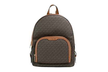 Large Travel Backpack Shoulder Bag by Michael Kors for women in pvc brown, gold & signature presents a statuesque silhouette, showcasing a secure zipper and statuesque built-in-compartments with versatile handle, backpack-strap & adjustable-strap for a sophisticated look.