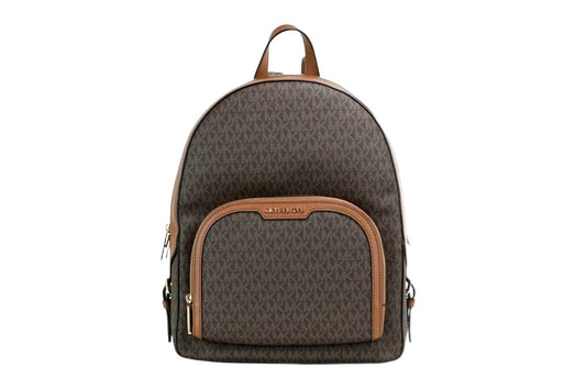 Large Travel Backpack Shoulder Bag by Michael Kors for women in pvc brown, gold & signature presents a statuesque silhouette, showcasing a secure zipper and statuesque built-in-compartments with versatile handle, backpack-strap & adjustable-strap for a sophisticated look.