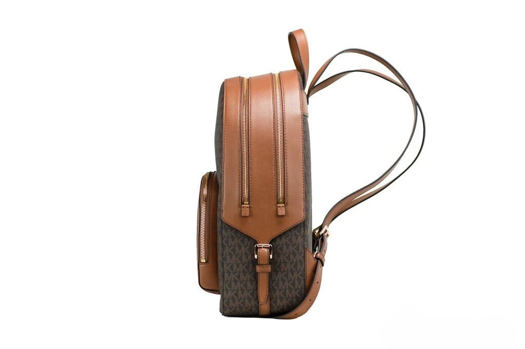 Large Travel Backpack Shoulder Bag by Michael Kors for women in pvc brown, gold & signature features a statuesque silhouette, showcasing a secure zipper and statuesque built-in-compartments with versatile handle, backpack-strap & adjustable-strap for a statuesque finish.