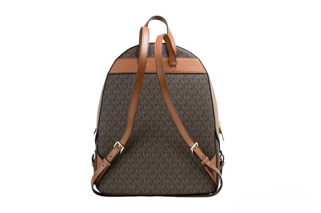 Large Travel Backpack Shoulder Bag by Michael Kors for women in pvc brown, gold & signature features an effortlessly chic silhouette with a secure zipper, ample built-in-compartments, and versatile handle, backpack-strap & adjustable-strap for effortlessly chic everyday luxury.