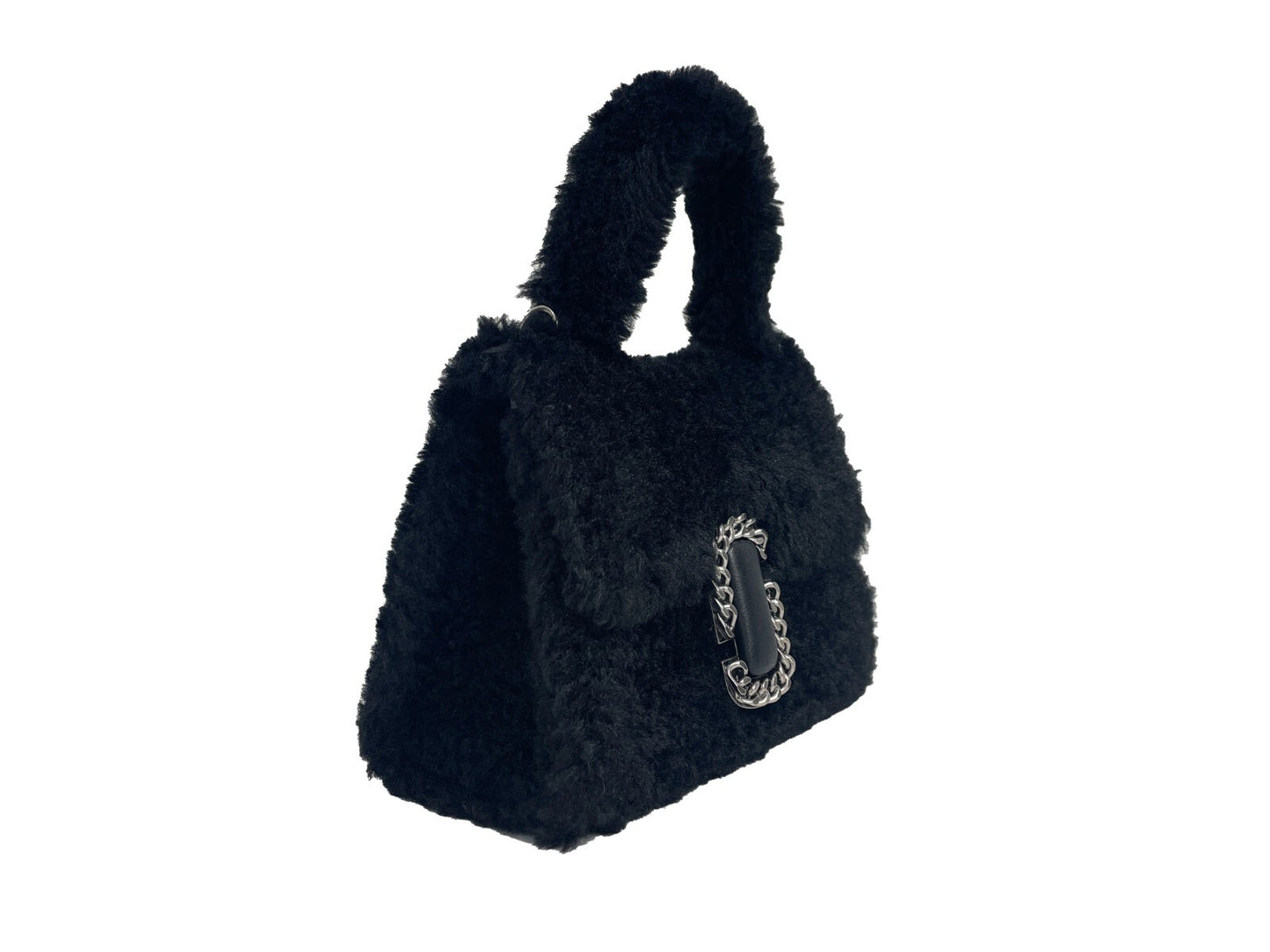 Mini Crossbody Satchel Handbag by Marc Jacobs for women in fur black & silver features a multifaceted silhouette, showcasing a secure magnetic and multifaceted cardholder with versatile crossbody-strap, handle, adjustable-strap & detachable-strap for multifaceted style.