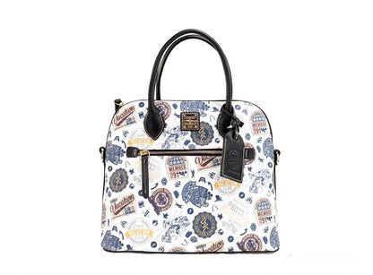 Crossbody Crescent Satchel Handbag by Dooney & Bourke for women in cotton polyester canvas gold features a versatile chic silhouette, meticulously detailed with a secure zipper, ample , and versatile crossbody-strap, adjustable-strap, detachable-strap & handle.
