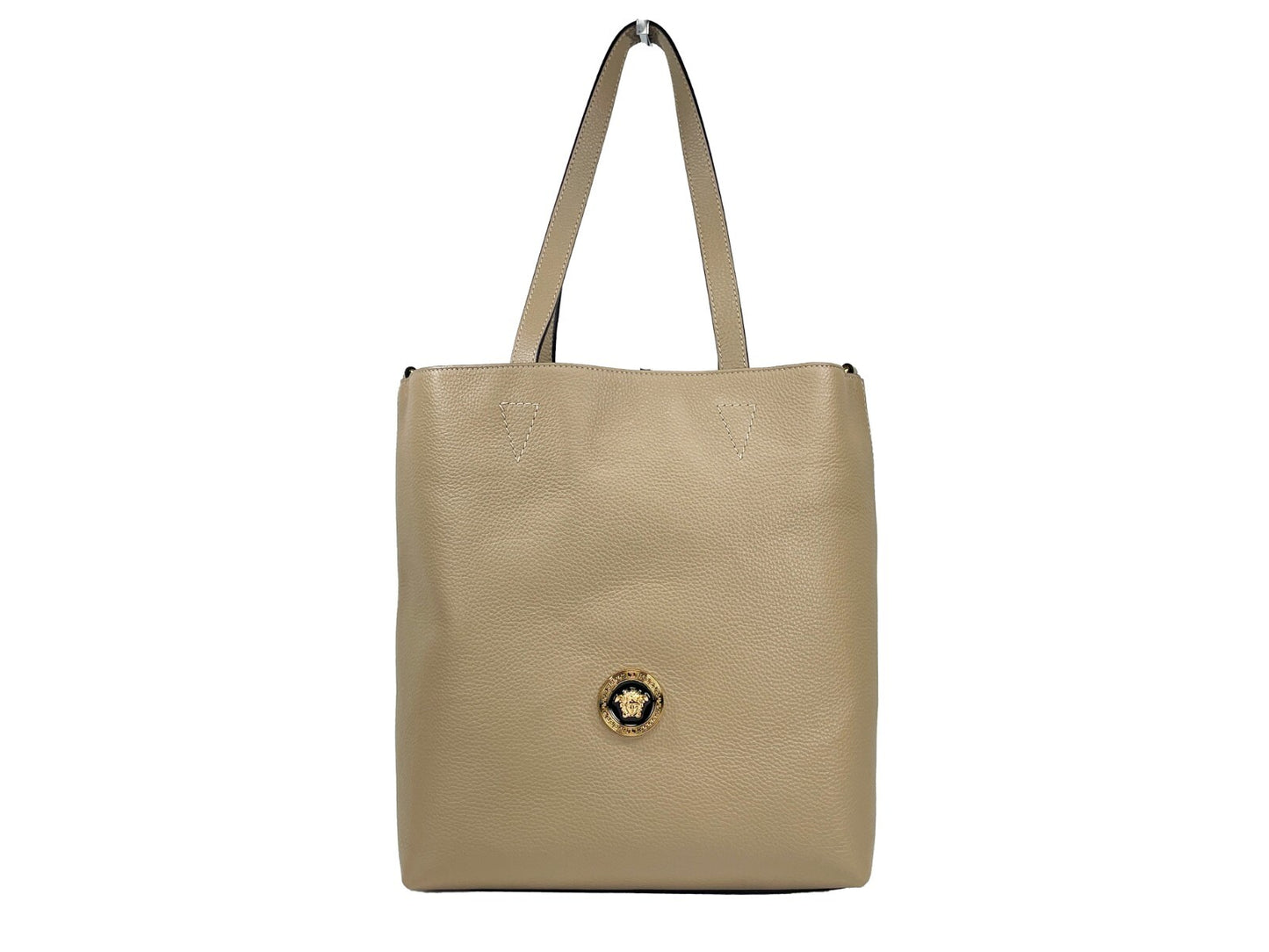 Large Pouch Tote Bag by Versace for women in faux patent leather gold features an jet-setting Medusa Faux Patent Leather Large Pouch Tote Bag design with a secure , jet-setting coin-purse, and versatile detachable-strap & handle for a jet-setting look.