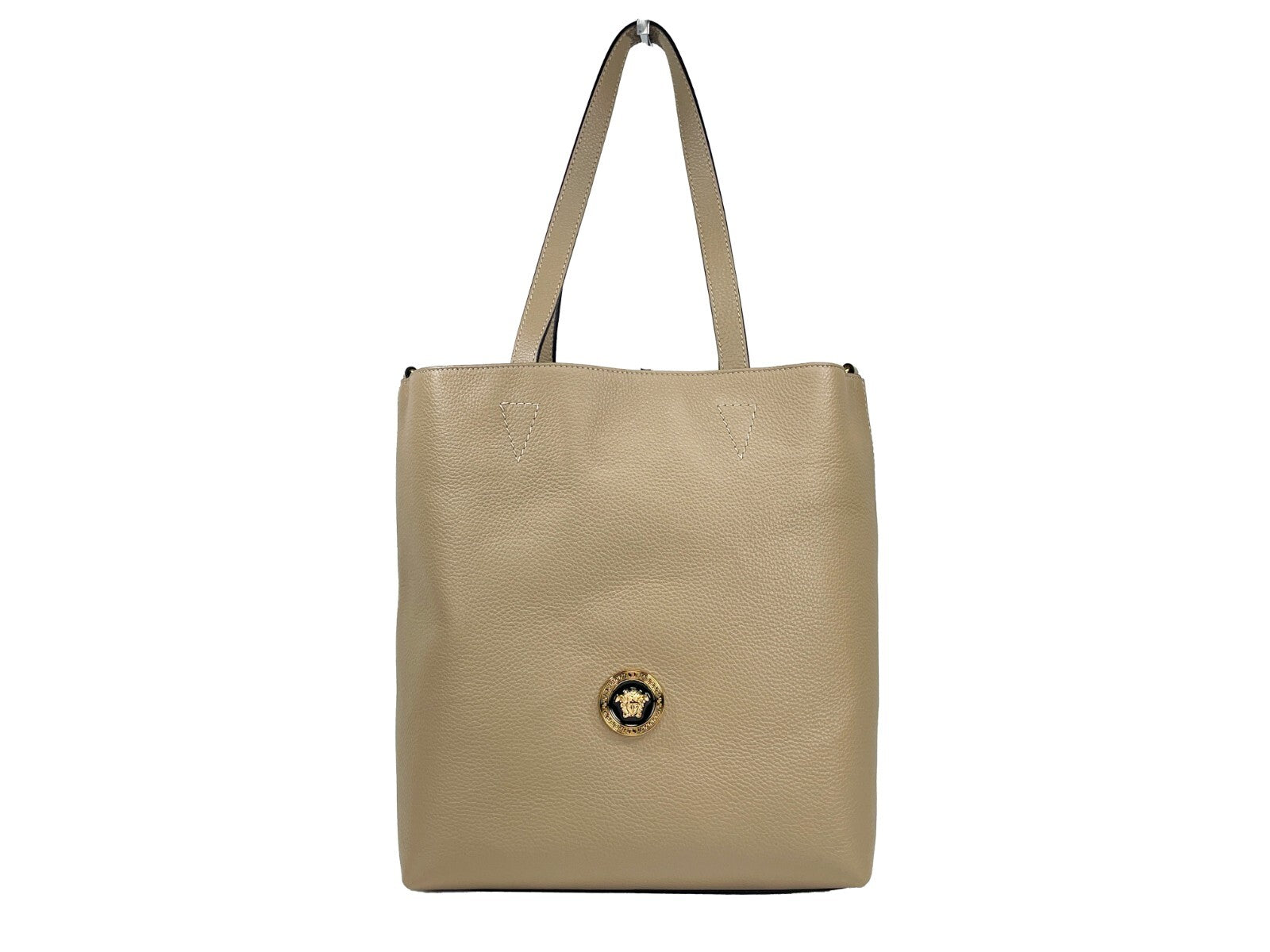 Large Pouch Tote Bag by Versace for women in faux patent leather gold features an jet-setting Medusa Faux Patent Leather Large Pouch Tote Bag design with a secure , jet-setting coin-purse, and versatile detachable-strap & handle for a jet-setting look.
