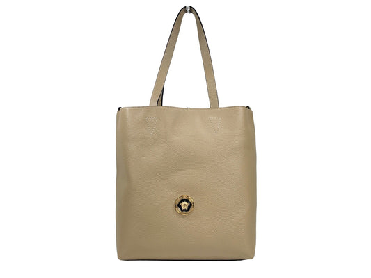 Large Pouch Tote Bag by Versace for women in faux patent leather gold features an jet-setting Medusa Faux Patent Leather Large Pouch Tote Bag design with a secure , jet-setting coin-purse, and versatile detachable-strap & handle for a jet-setting look.