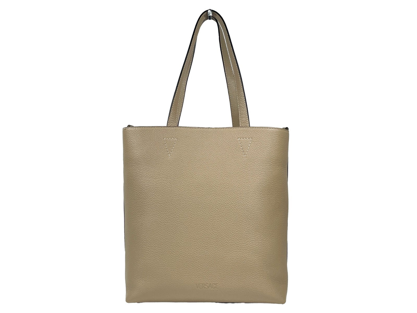 Large Pouch Tote Bag by Versace for women in faux patent leather gold features an jet-set-ready silhouette, showcasing the Medusa Faux Patent Leather Large Pouch Tote Bag design with a secure , ample coin-purse, and versatile detachable-strap & handle.