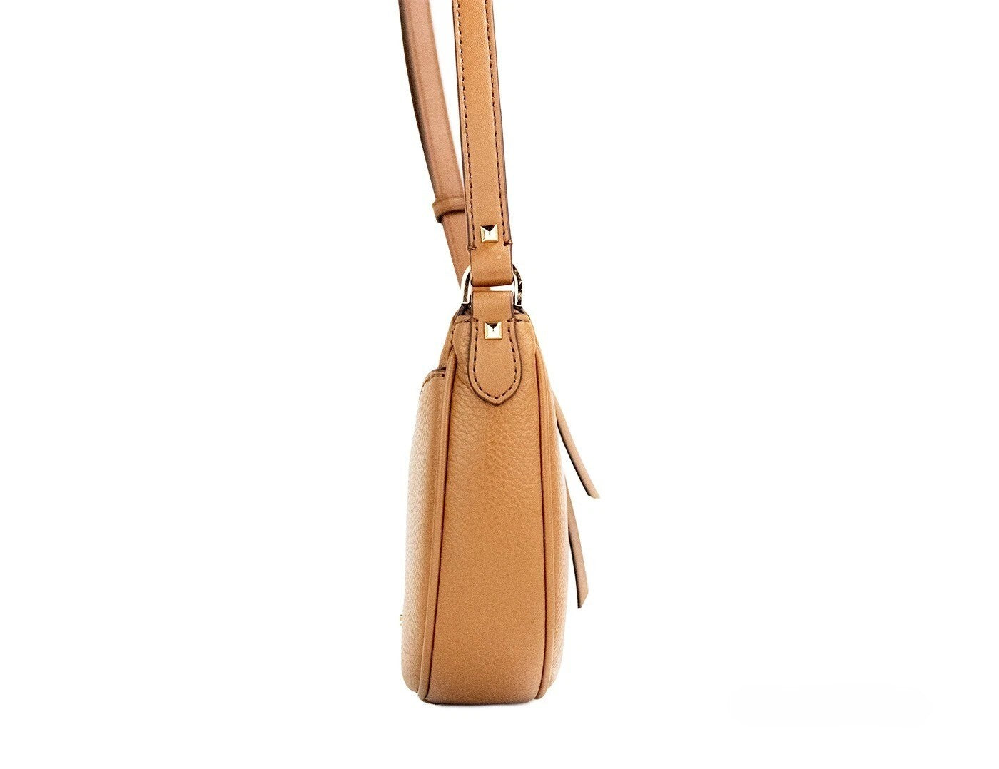 Small Crossbody Half Moon Handbag by Michael Kors for women in pebbled leather brown, gold & jacquard features an multi-faceted design with a secure zipper, ample cardholder, and versatile crossbody-strap & adjustable-strap for a multi-faceted finish.