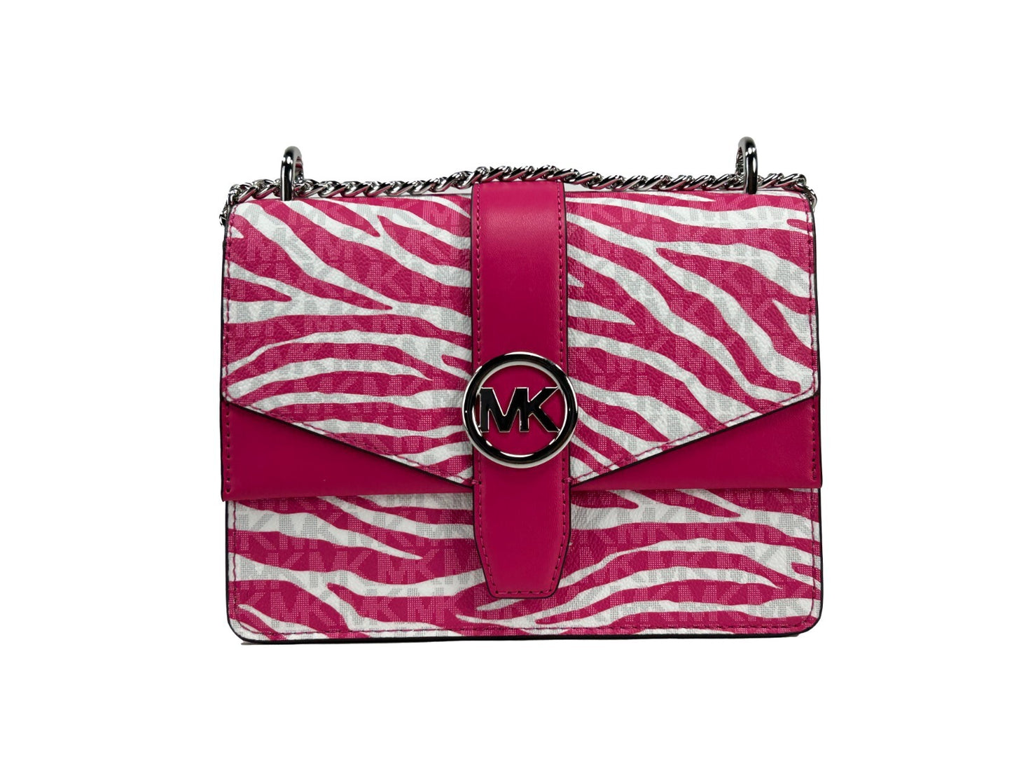 Small Crossbody Flap Handbag by Michael Kors for women in pvc pink, silver, patterned & signature features a multifaceted silhouette, showcasing a secure flap & magnetic and multifaceted with versatile crossbody-strap for multifaceted style.