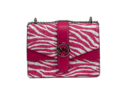 Small Crossbody Flap Handbag by Michael Kors for women in pvc pink, silver, patterned & signature features a multifaceted silhouette, showcasing a secure flap & magnetic and multifaceted with versatile crossbody-strap for multifaceted style.