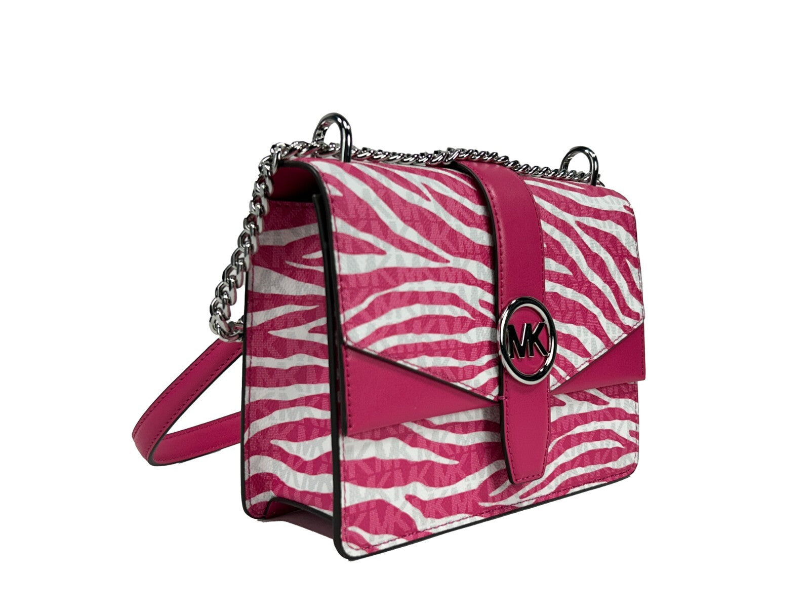 Small Crossbody Flap Handbag by Michael Kors for women in pvc pink, silver, patterned & signature features an versatile silhouette, showcasing a secure flap & magnetic and versatile with versatile crossbody-strap for a versatile finish.