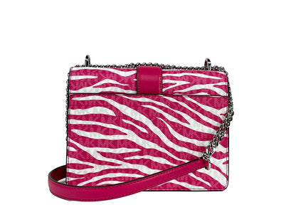 Small Crossbody Flap Handbag by Michael Kors for women in pvc pink, silver, patterned & signature features a multifaceted silhouette, showcasing a secure flap & magnetic and multifaceted with versatile crossbody-strap for multifaceted style.