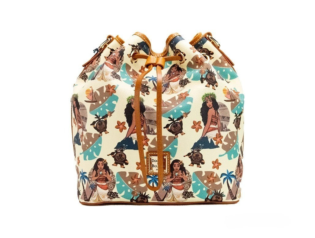 Medium Crossbody Bucket Handbag by Dooney & Bourke for women in cotton polyester canvas brown, gold & print features a transformative elegance silhouette, showcasing a secure zipper & drawstring, organized , and versatile crossbody-strap, shoulder-strap, handle, adjustable-strap & detachable-strap for a transformative elegance look.