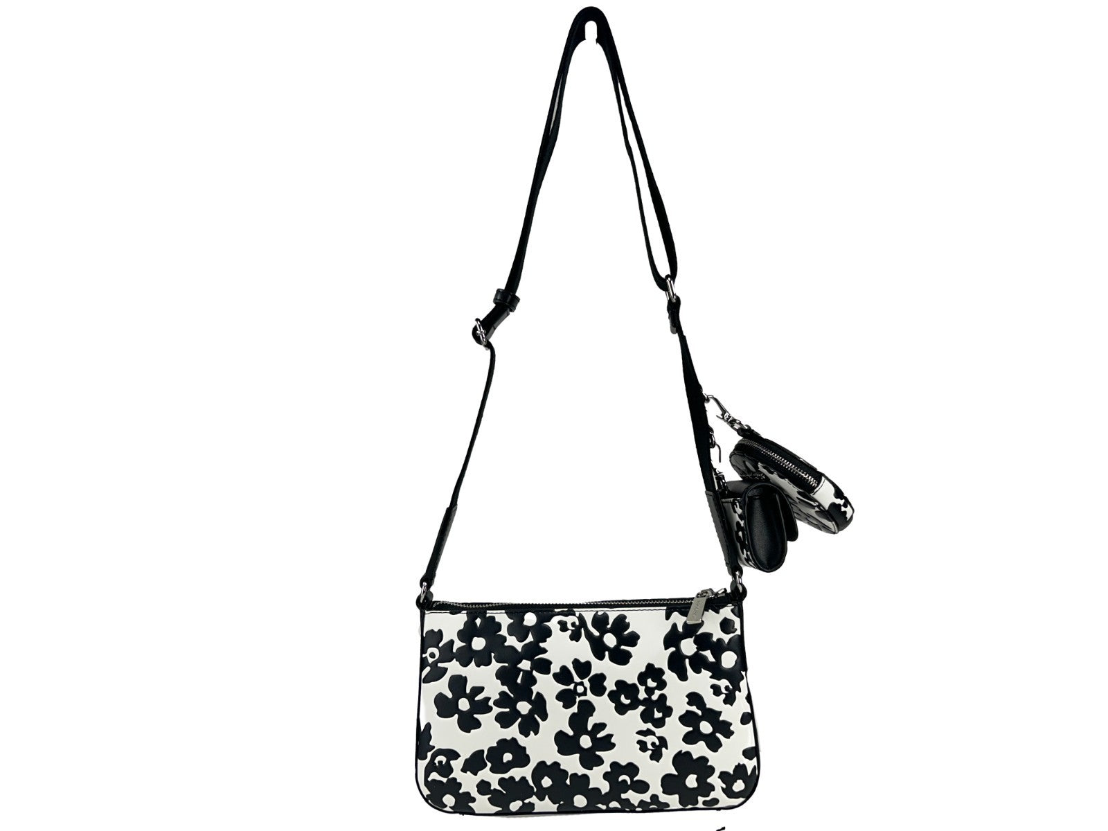 This Small Crossbody Travel Pouch Handbag by Michael Kors for women in leather and black, silver, patterned & floral presents a sculptural silhouette featuring a secure zipper, ample cardholder & coin-purse, and versatile crossbody-strap, adjustable-strap & detachable-strap for a sculptural finish.