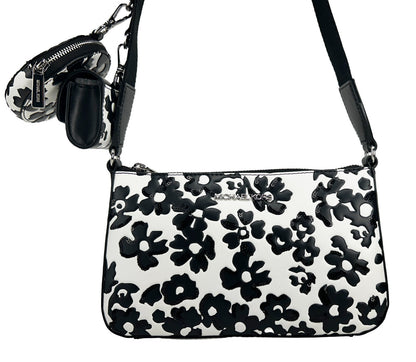 Small Crossbody Travel Pouch Handbag by Michael Kors for women in leather black, silver, patterned & floral features a signature silhouette, showcasing a secure zipper and signature cardholder & coin-purse with versatile crossbody-strap, adjustable-strap & detachable-strap for a sophisticated look.