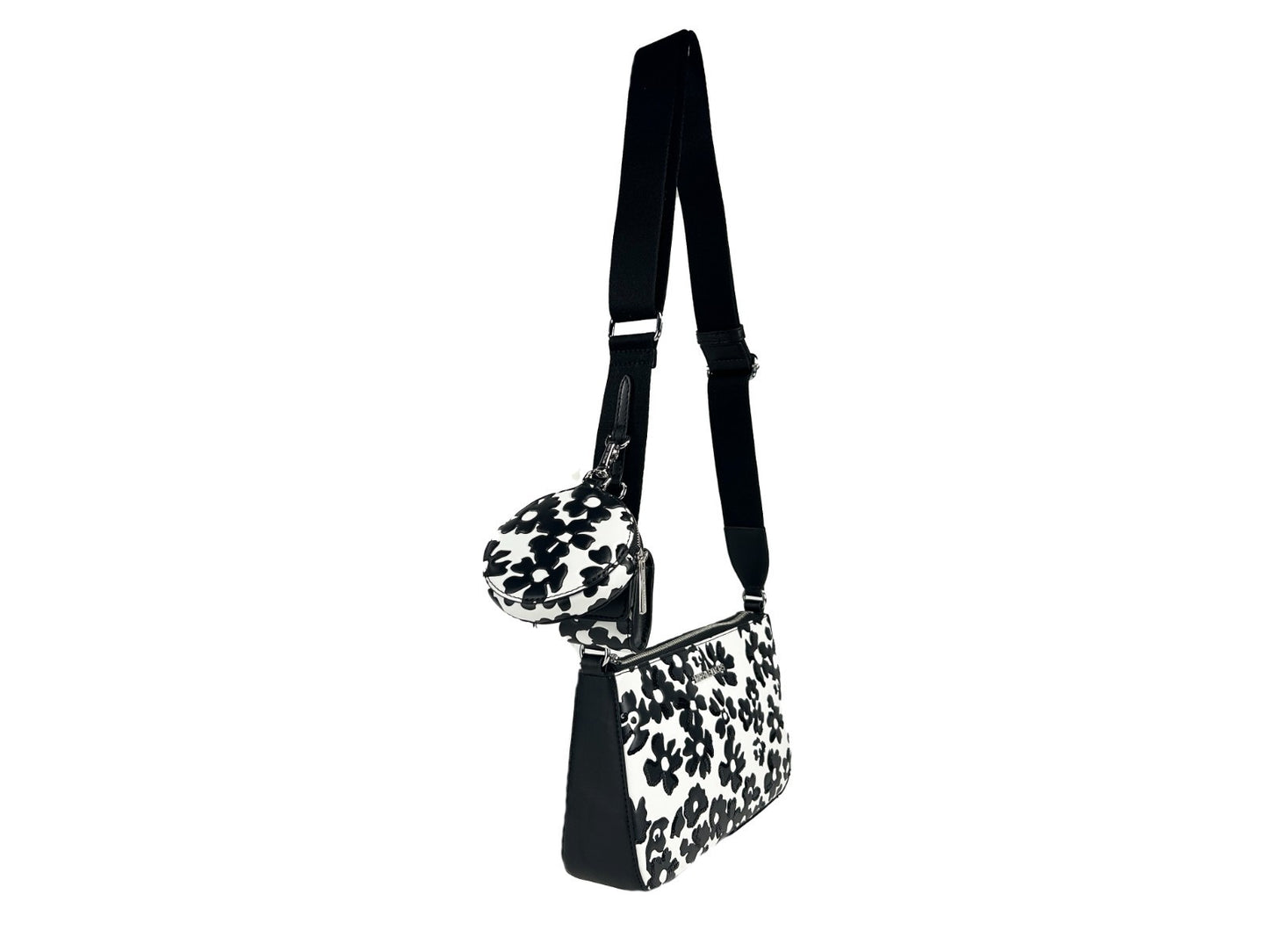Small Crossbody Travel Pouch Handbag by Michael Kors for women in leather black, silver, patterned & floral features a ornamental silhouette, showcasing a secure zipper, ample cardholder & coin-purse, and ornamental crossbody-strap, adjustable-strap & detachable-strap for a sophisticated look.