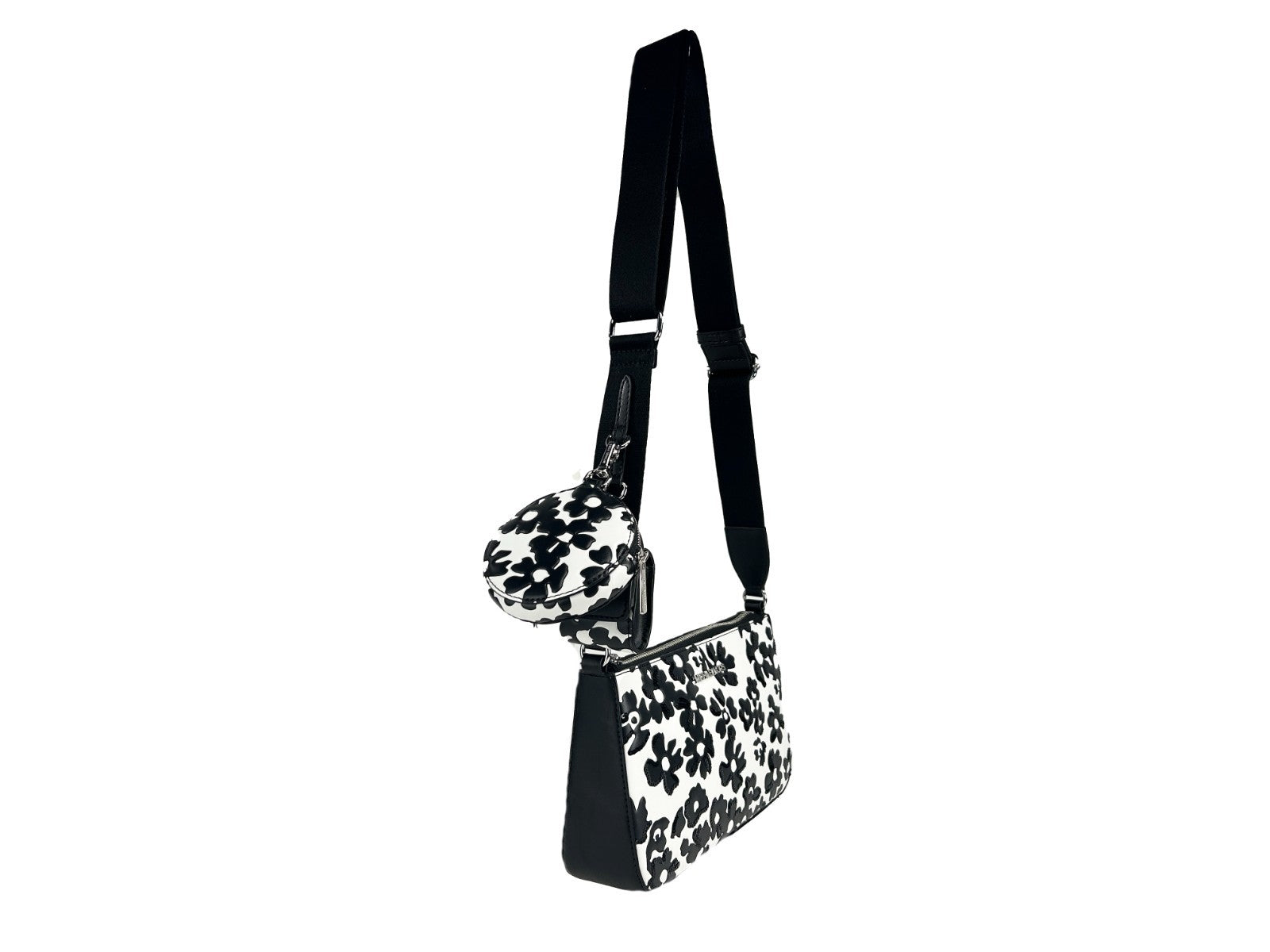 Small Crossbody Travel Pouch Handbag by Michael Kors for women in leather black, silver, patterned & floral features a ornamental silhouette, showcasing a secure zipper, ample cardholder & coin-purse, and ornamental crossbody-strap, adjustable-strap & detachable-strap for a sophisticated look.