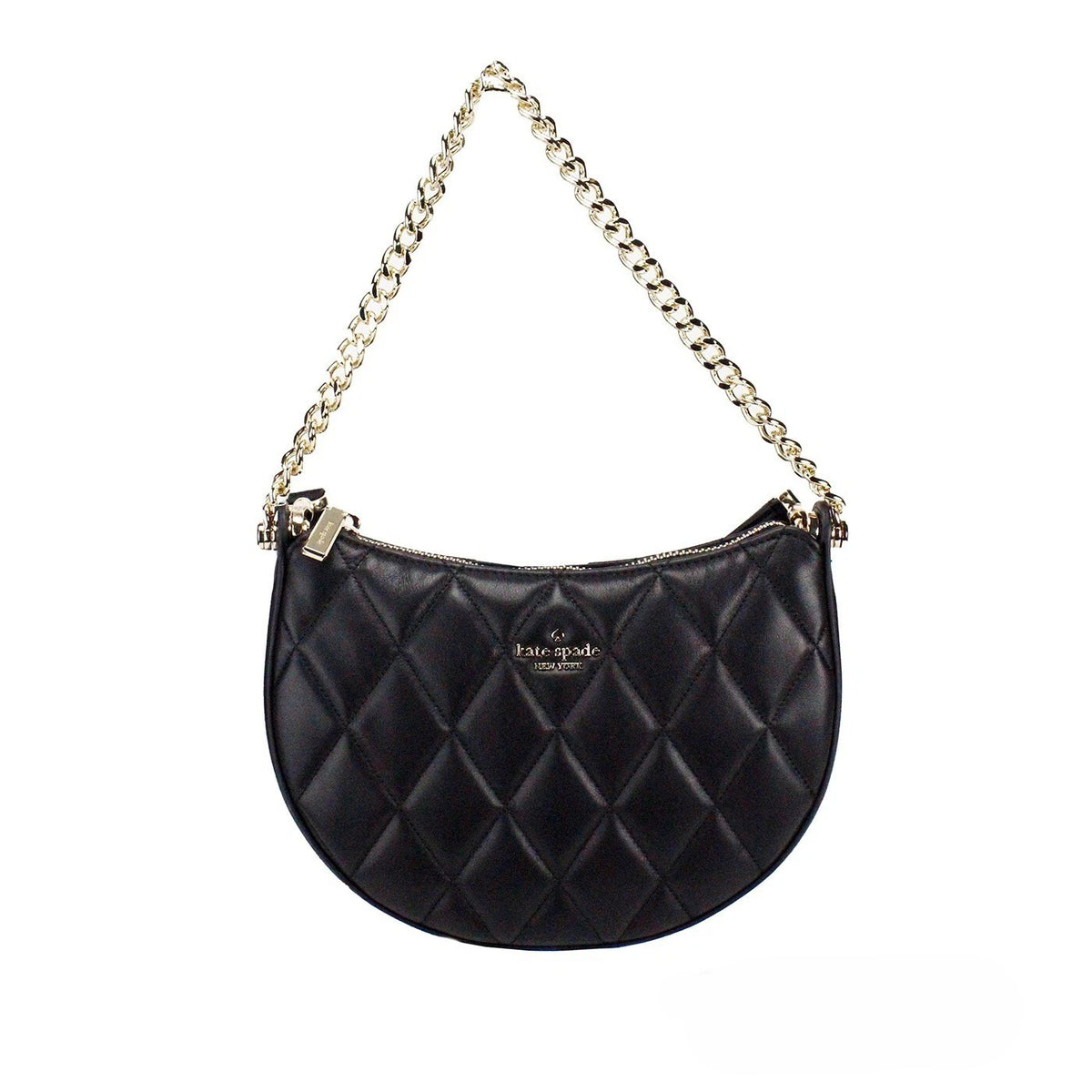Small Quilted Crossbody Handbag by Kate Spade for women in leather black & gold features a multifaceted silhouette, showcasing a secure zipper and multifaceted with versatile crossbody-strap, shoulder-strap, adjustable-strap & detachable-strap for multifaceted style.