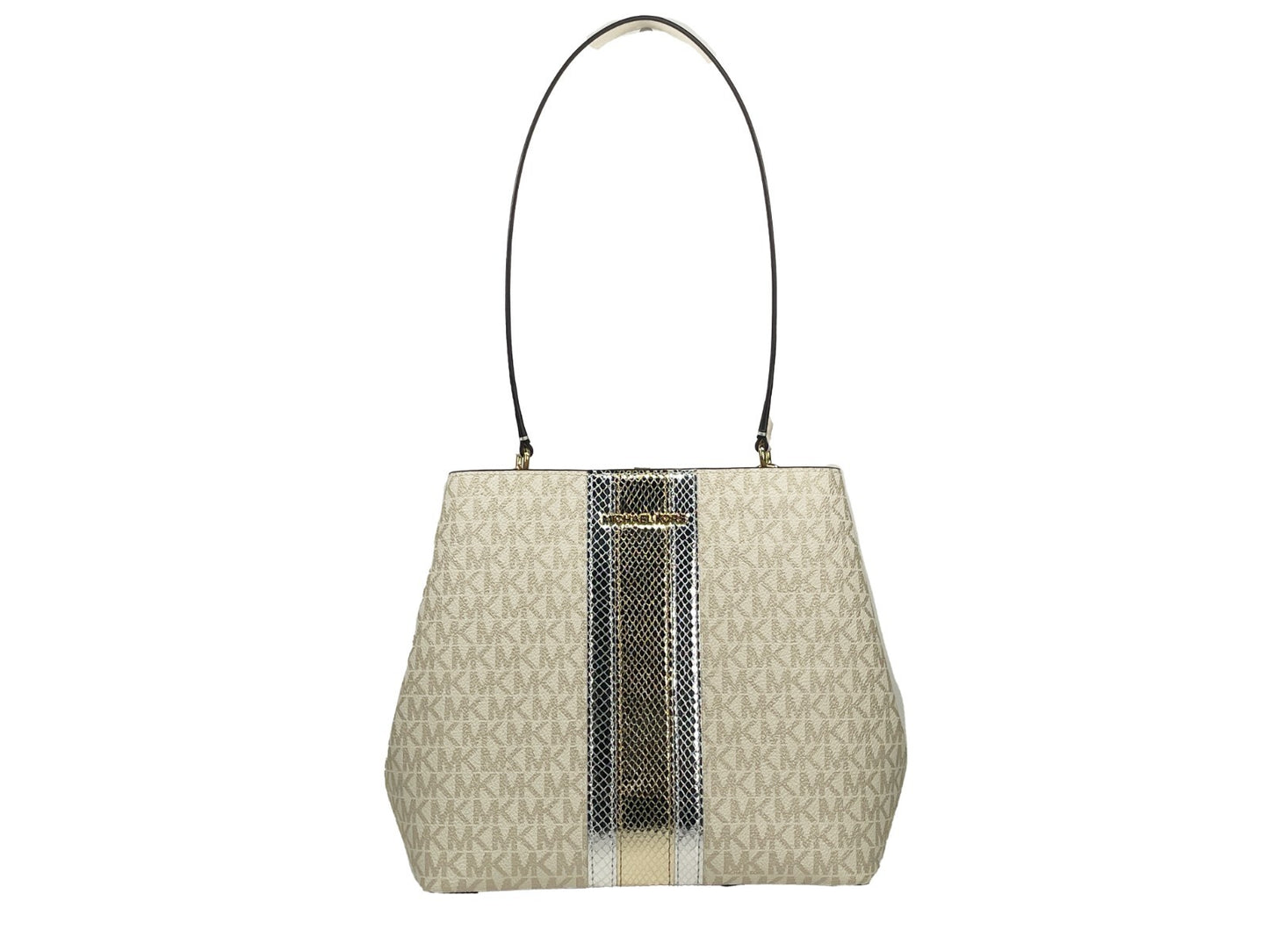 This Medium Shoulder Bucket Handbag by Michael Kors for women in synthetic polyurethane leather and cream, gold & signature presents a sculptural silhouette featuring a secure snap, ample , and versatile shoulder-strap for a sculptural finish.