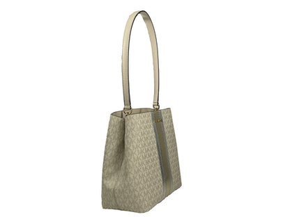 Medium Shoulder Bucket Handbag by Michael Kors for women in synthetic polyurethane leather cream, gold & signature presents a ornamental silhouette, showcasing a secure snap, ample , and versatile shoulder-strap for a ornamental finish.