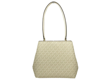 Medium Shoulder Bucket Handbag by Michael Kors for women in synthetic polyurethane leather cream, gold & signature features a refined silhouette, showcasing a secure snap, organized , and versatile shoulder-strap for a refined finish.