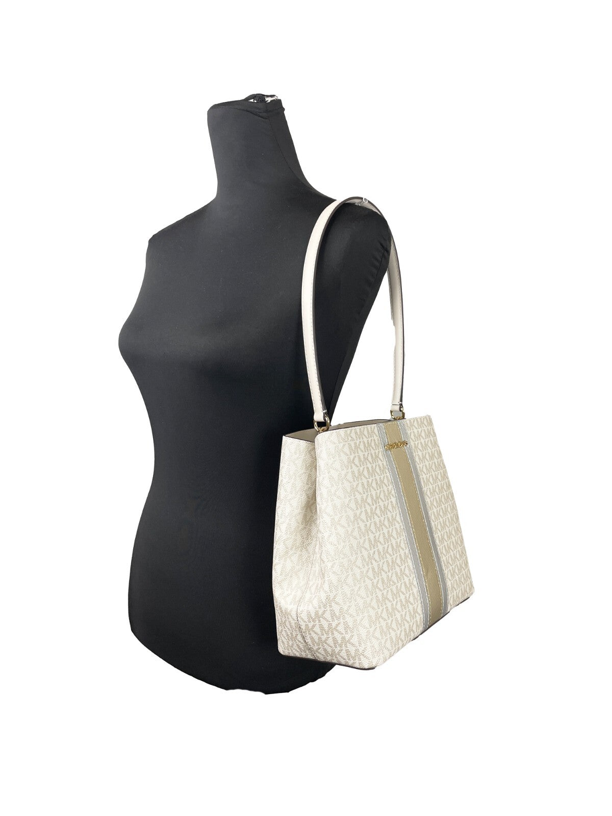 Medium Shoulder Bucket Handbag by Michael Kors for women in synthetic polyurethane leather cream, gold & signature features a ornamental silhouette, showcasing a secure snap, ample , and ornamental shoulder-strap for a sophisticated look.