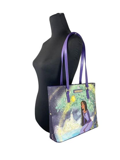 This Shoulder Tote Handbag by Dooney & Bourke for women in coated canvas and gold & purple presents a sculptural silhouette featuring a secure clip, ample , and versatile shoulder-strap & handle for a sculptural finish.