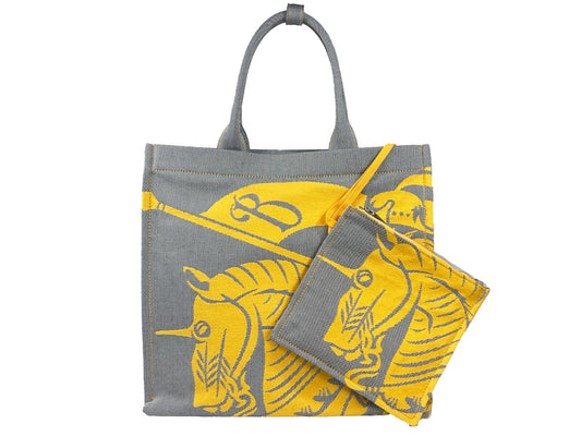 Pouch Tote Handbag by Burberry for women in faux leather & canvas gray, silver & patterned features a signature silhouette, showcasing a secure and signature coin-purse with versatile handle for a sophisticated look.