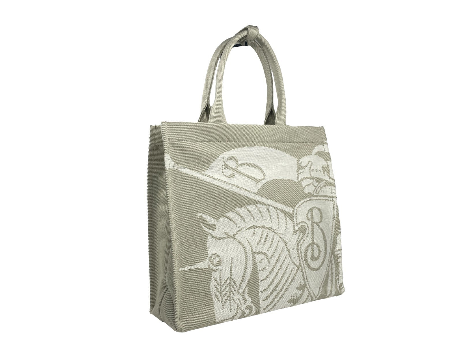 Travel Pouch Tote Handbag by Burberry for women in calfskin leather & nylon silver & patterned features a signature silhouette, showcasing a secure and signature coin-purse with versatile handle for a sophisticated look.