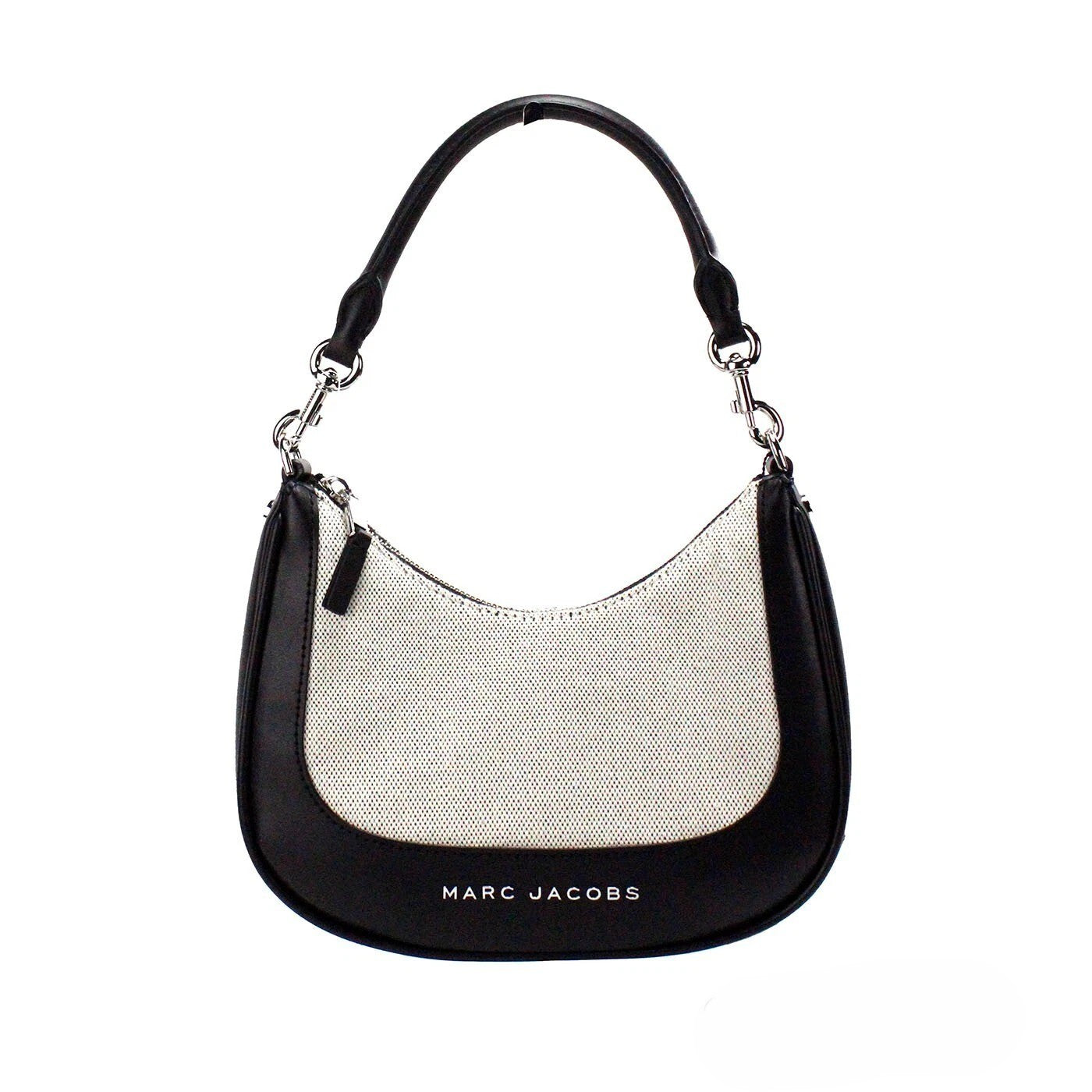 2-in-1 Shoulder & Crossbody Crescent Travel Hobo Bag by Marc Jacobs for women in canvas & leather black, natural, silver & patterned features a effortless sophistication silhouette, secured by a zipper with ample and versatile crossbody-strap, shoulder-strap, adjustable-strap & detachable-strap for a effortless sophistication finish.