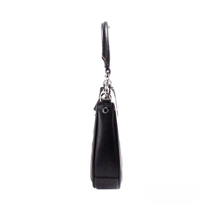 2-in-1 Shoulder & Crossbody Crescent Travel Hobo Bag by Marc Jacobs for women in canvas & leather black, natural, silver & patterned features an effortlessly chic silhouette with a secure zipper, ample , and versatile crossbody-strap, shoulder-strap, adjustable-strap & detachable-strap for effortlessly chic everyday luxury.
