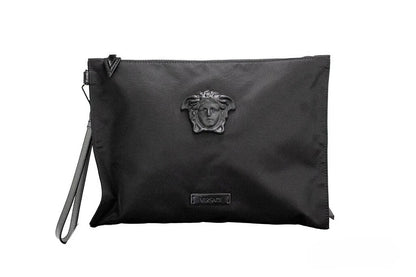 Large Travel Wristlet Clutch Handbag by Versace for women in lyocell black, green & silver showcases a sculptural silhouette, featuring a secure zipper, ample , and versatile wristlet & detachable-strap for a sculptural finish.