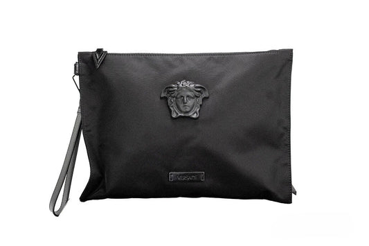 Large Travel Wristlet Clutch Handbag by Versace for women in lyocell black, green & silver showcases a sculptural silhouette, featuring a secure zipper, ample , and versatile wristlet & detachable-strap for a sculptural finish.