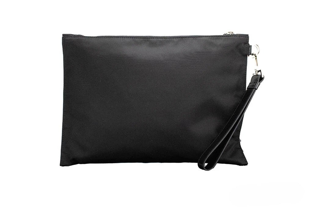 Large Travel Wristlet Clutch Handbag by Versace for women in lyocell black, green & silver features an sculptural silhouette, showcasing a secure zipper and sculptural with versatile wristlet & detachable-strap for a sophisticated look.