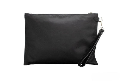 Large Travel Wristlet Clutch Handbag by Versace for women in lyocell black, green & silver features an sculptural silhouette, showcasing a secure zipper and sculptural with versatile wristlet & detachable-strap for a sophisticated look.