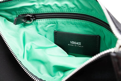Large Travel Wristlet Clutch Handbag by Versace for women in lyocell black, green & silver features a statuesque silhouette, showcasing a secure zipper and organized with versatile wristlet & detachable-strap for statuesque evening wear.