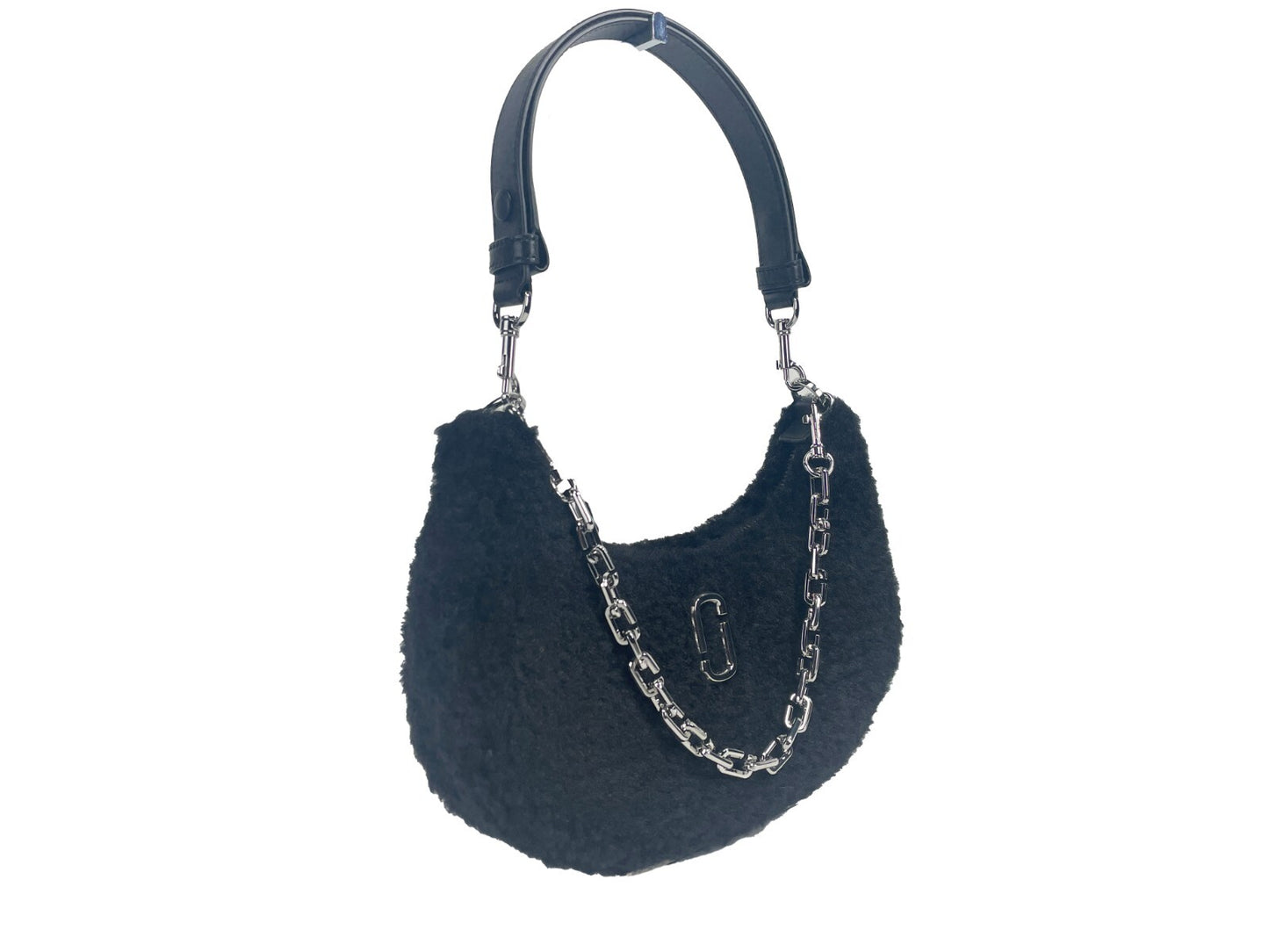 Medium Crossbody Travel Tote Handbag by Marc Jacobs for women in faux polyester fur black & silver features a signature silhouette, showcasing a secure zipper and signature with versatile crossbody-strap, detachable-strap & handle for a sophisticated look.