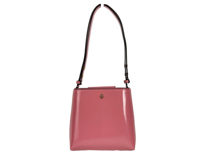 Small Travel Bucket Handbag by Tory Burch for women in raffia & leather gold & pink features an effortlessly chic silhouette, showcasing a secure snap, effortlessly chic , and versatile handle.