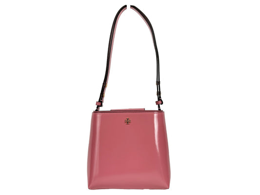 Small Travel Bucket Handbag by Tory Burch for women in raffia & leather gold & pink features an effortlessly chic silhouette, showcasing a secure snap, effortlessly chic , and versatile handle.