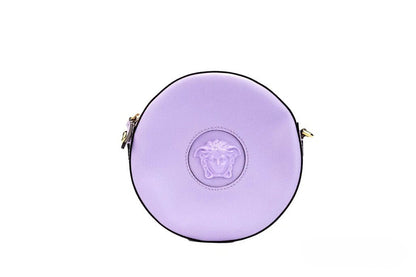 Small Travel Crossbody Camera Handbag by Versace for women in faux leather & canvas gold, lilac & purple features an versatile silhouette, showcasing a secure zipper and versatile cardholder with versatile crossbody-strap, adjustable-strap & detachable-strap for a versatile finish.