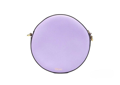 Small Travel Crossbody Camera Handbag by Versace for women in faux leather & canvas gold, lilac & purple features a transformative sophistication silhouette, showcasing a secure zipper, ample cardholder, and versatile crossbody-strap, adjustable-strap & detachable-strap for a transformative sophistication look.