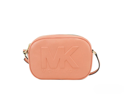 Medium Travel Crossbody Camera Handbag by Michael Kors for women in pebbled leather gold features a signature silhouette, showcasing a secure and signature with versatile crossbody-strap & adjustable-strap for a sophisticated look.