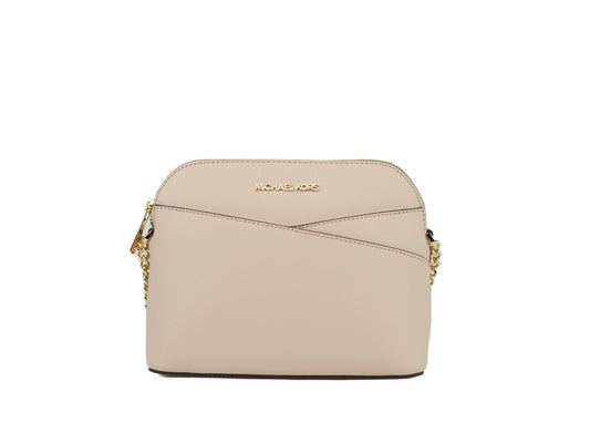 Compact Crossbody Dome Handbag by Michael Kors for women in leather & satin beige, gold & pink features a versatile chic silhouette, meticulously detailed with a secure , ample , and versatile crossbody-strap & adjustable-strap.