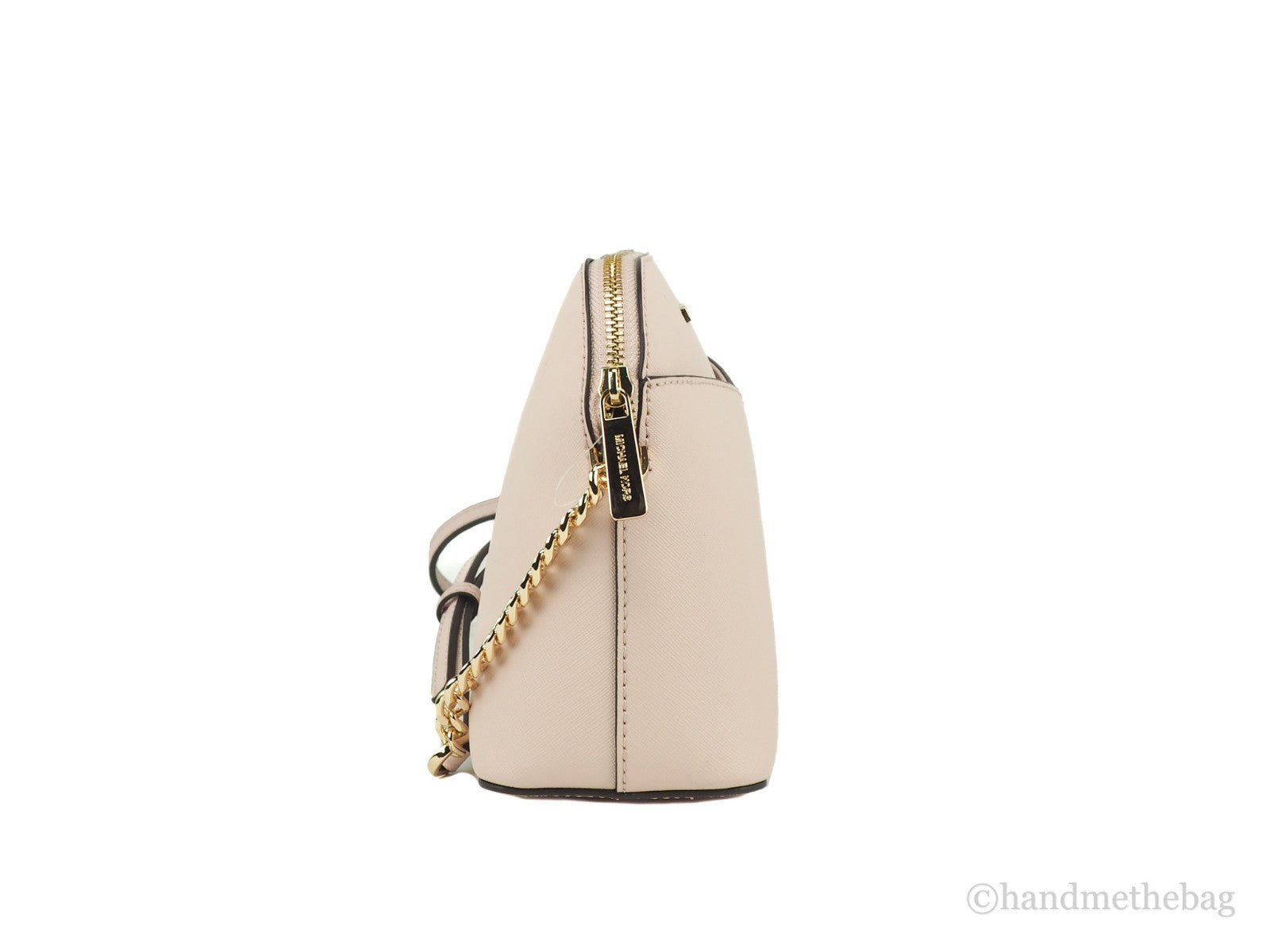 Compact Crossbody Dome Handbag by Michael Kors for women in leather & satin beige, gold & pink features a versatile chic silhouette, meticulously detailed with a secure , ample , and versatile crossbody-strap & adjustable-strap.