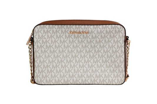 Large East West Crossbody Messenger Bag by Michael Kors for men in leather gold showcases a artisanal Jet Set Travel Leather Large East West Crossbody Messenger Bag design, featuring a secure zipper and ample with versatile crossbody-strap, shoulder-strap & handle for a artisanal look.