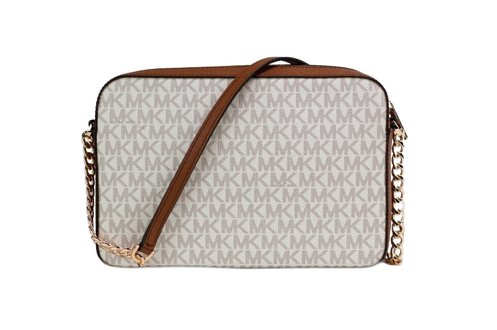 Large East West Crossbody Messenger Bag by Michael Kors for men in leather gold features a statement-making Jet Set Travel Leather Large East West Crossbody Messenger Bag design with a secure zipper, statement-making , and versatile crossbody-strap, shoulder-strap & handle for a sophisticated look.