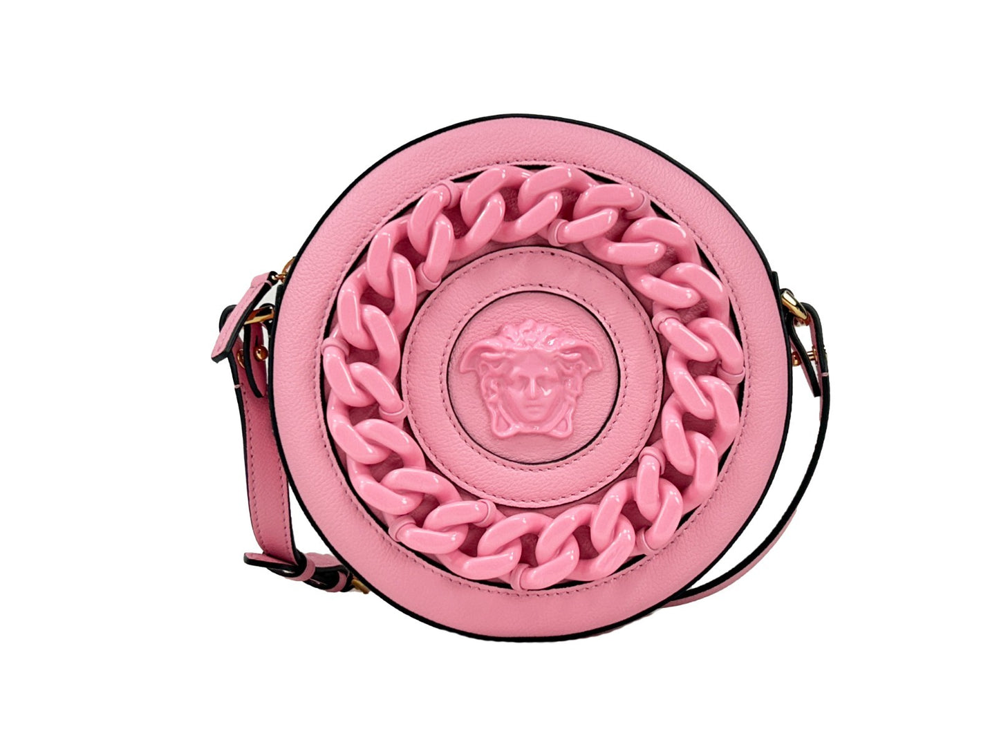 Crossbody Camera Handbag by Versace for women in pebbled leather gold & pink features an versatile silhouette, showcasing a secure zipper and versatile cardholder with versatile crossbody-strap, adjustable-strap & detachable-strap for a versatile finish.
